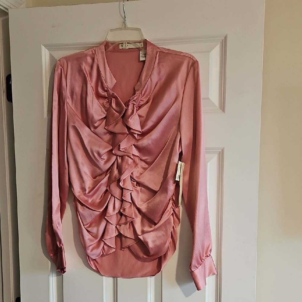 Perry Ellis Rose Pink Ruffle Front Silk Blouse